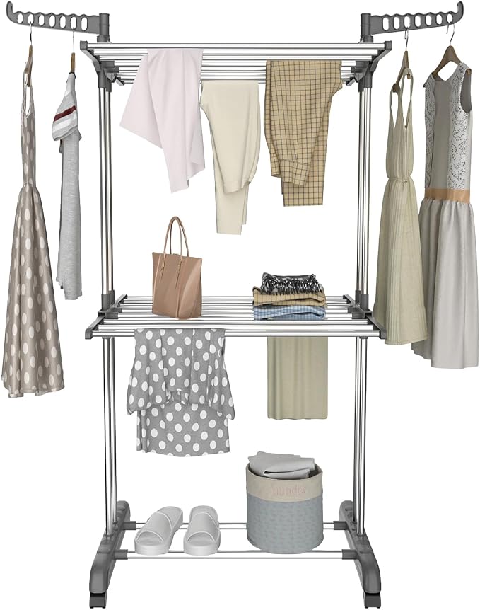 Bigzzia 3 Tier Clothes Drying Rack, 57 Inch Laundry Drying Rack, Foldable - Image 7