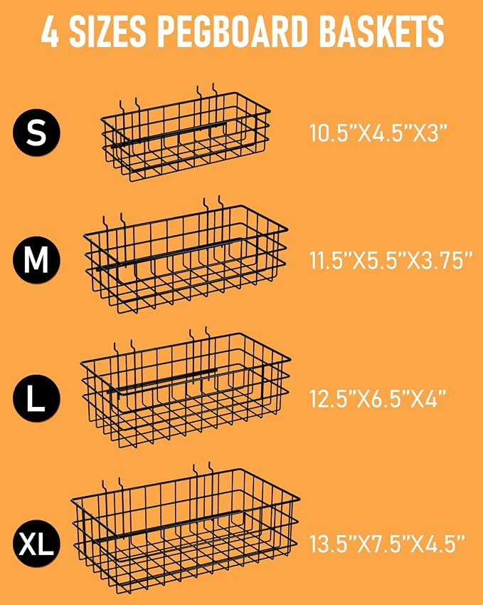 INCLY 4 Pack Pegboard Baskets Bins Set, 4 Size Square Style Black Metal Wire - Image 4