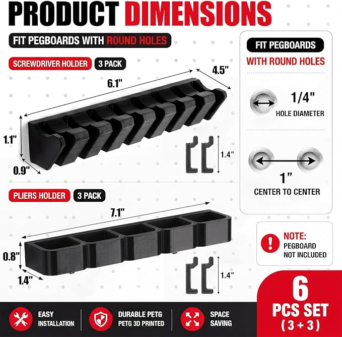 Junkin 6 Pcs Pegboard Screwdriver Holder and Pliers Organizer Set, Pegboard - Image 2