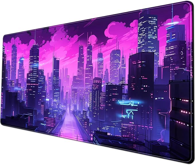 Desk Pad Cyberpunk Purple Desk Mat City Skyline Gaming Extended Mouse Pad Big by YKJWW