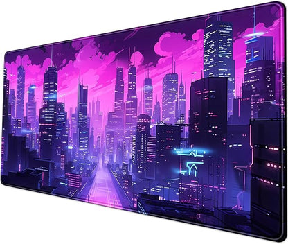 Desk Pad Cyberpunk Purple Desk Mat City Skyline Gaming Extended Mouse Pad Big by YKJWW