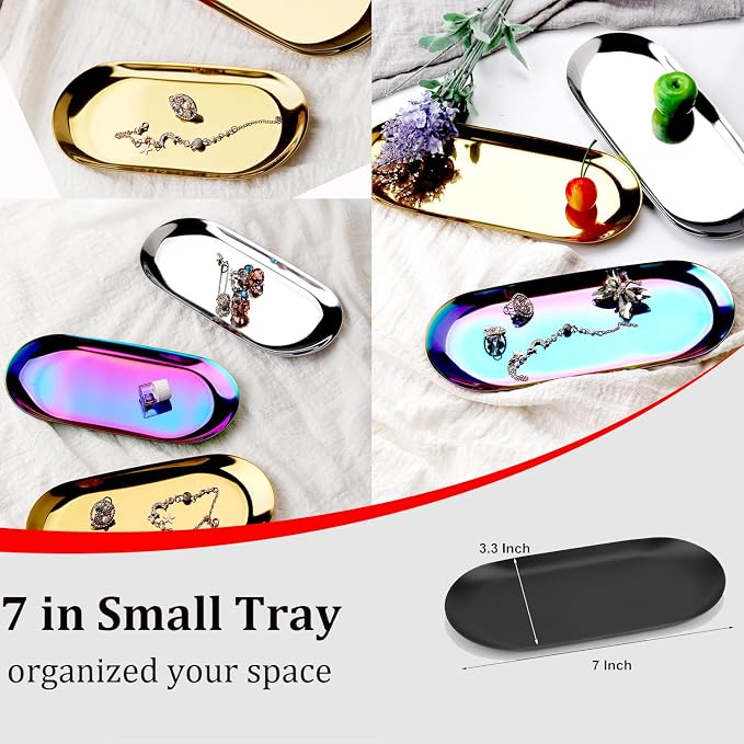 Stainless Steel Decorative Tray, 7 Inch Long, Jewelry Dish Cosmetics Organizer - Image 2