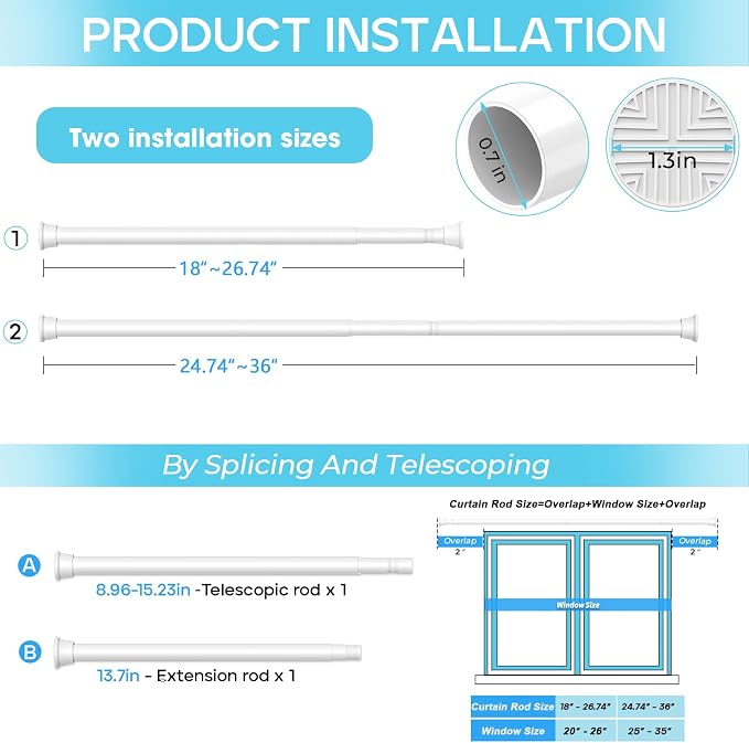 2 Pack Spring Tension Curtain Rod 18-36 inch, Adjustable Expandable Tension - Image 4