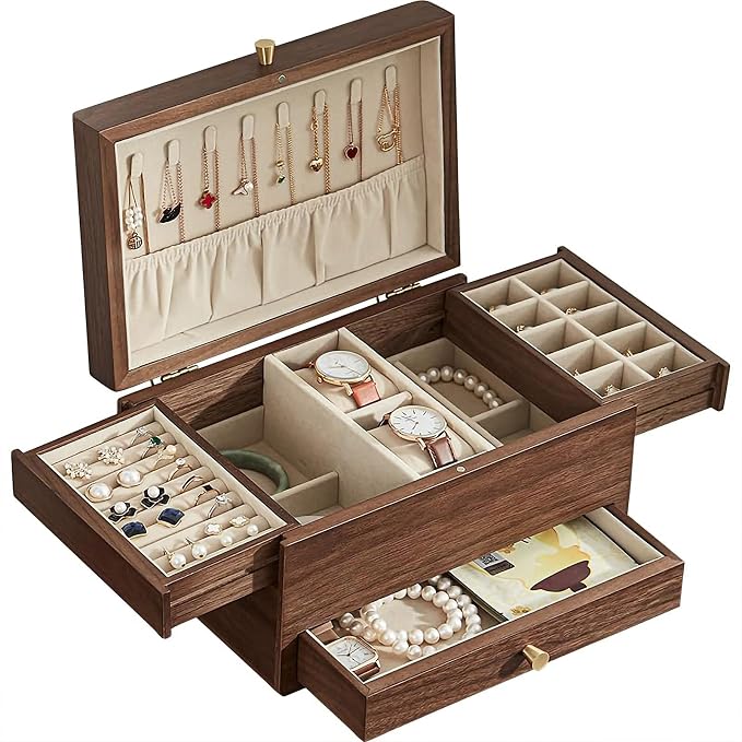 Wooden Jewelry Box for Women, 3 Level Multi-functional Drawers Black Walnut - Image 4