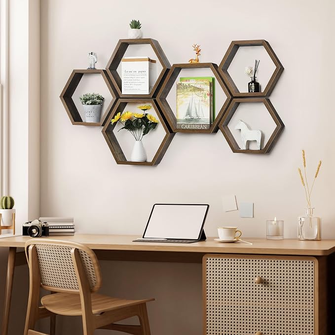 YBING Hexagon Shelves for Wall, Wood Honeycomb Floating Shelves Set of 6 - Image 6