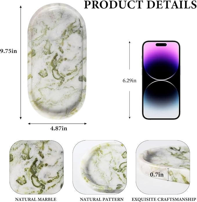 Koville Marble Vanity Tray for Bathroom Countertop, Stone Jewelry Dish Stone - Image 2