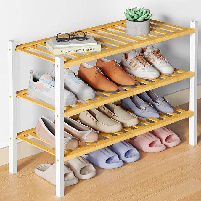 Smiry Bamboo Shoe Rack for Closet, 3 Tier Wooden Stackable Shoe Organizer by Smiry