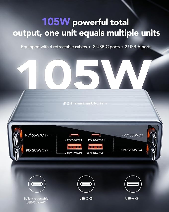8-in-1 Charging Station for Multi Device, Fast Charger Retractable 65W Cable | - Image 4