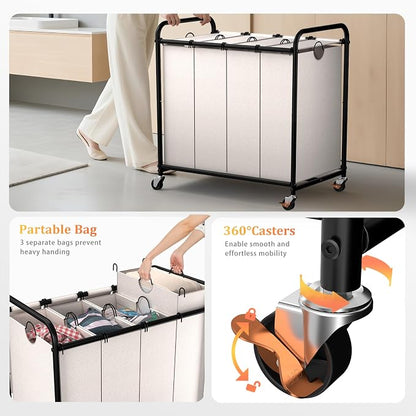 Laundry Sorter 4 Sections 48 Gal, Rolling Laundry Basket - Image 5