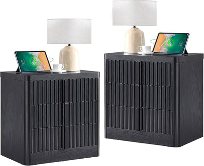 23.6" Nightstand Set of 2 with Charging Station, Side Table with 3 Storage by YANSNWO