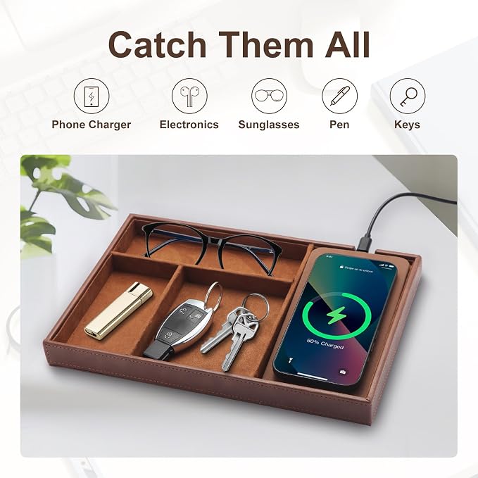 TopMade Valet Tray with Wireless Charging Pad Nightstand Organizer, Leather - Image 5