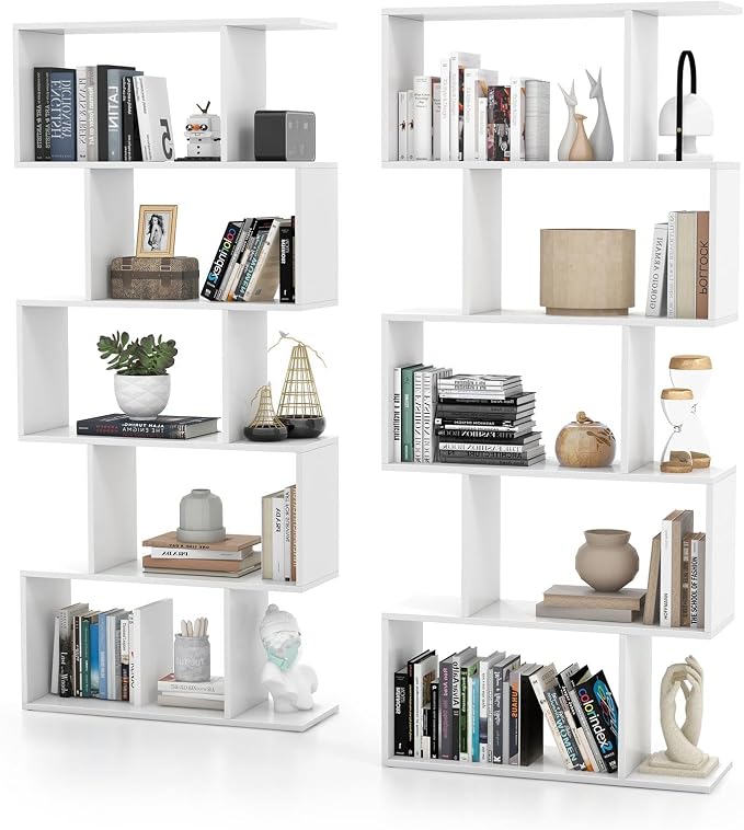5-Tier Geometric Bookcase Set of 2, 62.5” Freestanding Room Divider Bookshelf by Unknown