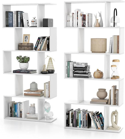 5-Tier Geometric Bookcase Set of 2, 62.5” Freestanding Room Divider Bookshelf by Unknown
