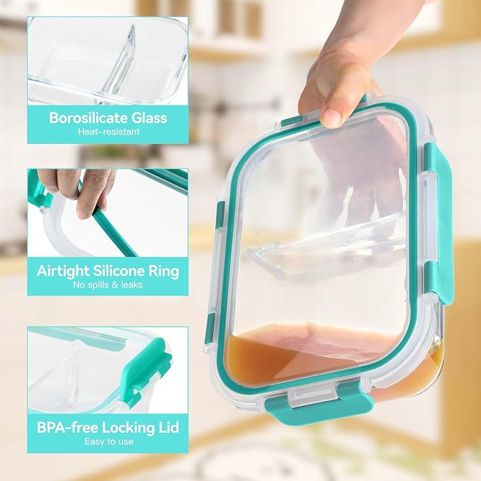 BAYZZ 5 Pack 35 Oz Glass Meal Prep Containers 2 Compartments, Glass Storage - Image 2