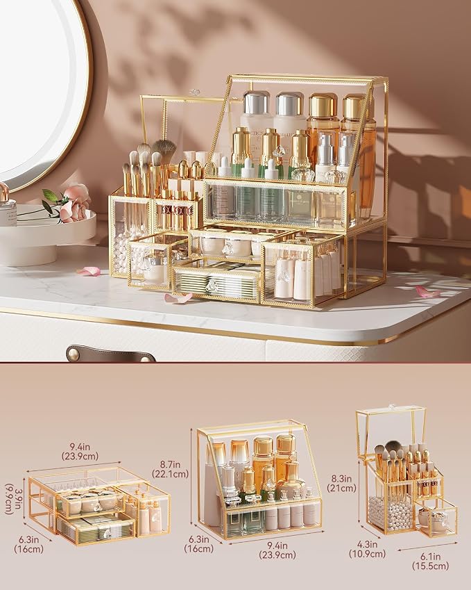 Clear Makeup Organizer with Gold Frame – Countertop Vanity Organizer - Image 6