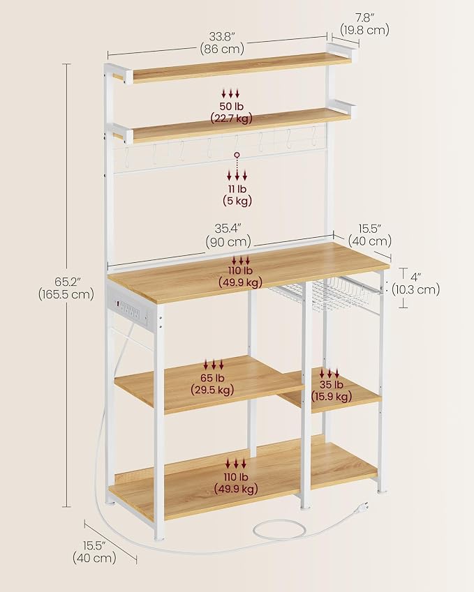 VASAGLE Bakers Rack with Power Outlet, 35.4 Inches Microwave Stand, Coffee Bar - Image 3