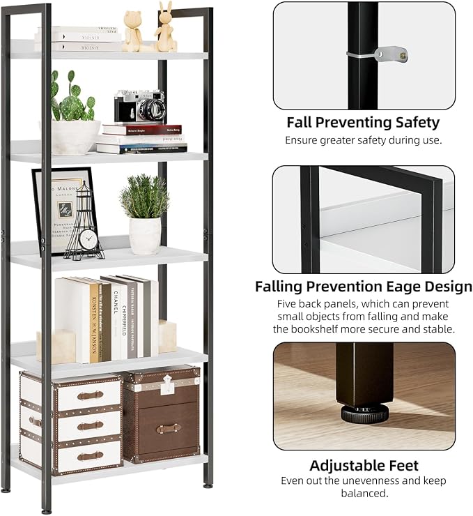 NUMENN Bookshelf, 5 Tier Freestanding Shelving Unit, Falling Prevention Baffle - Image 6