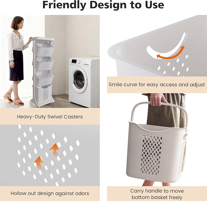 BAOKALER 4-Tier Laundry Hamper Sorter, Vertical Rolling Laundry Baskets - Image 4