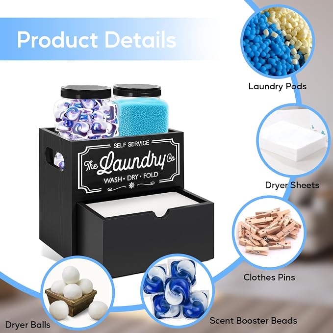 Laundry Pods Container, 7.8 x 5.1 x 6.7 Inches Wooden Dryer Sheet Container - Image 5