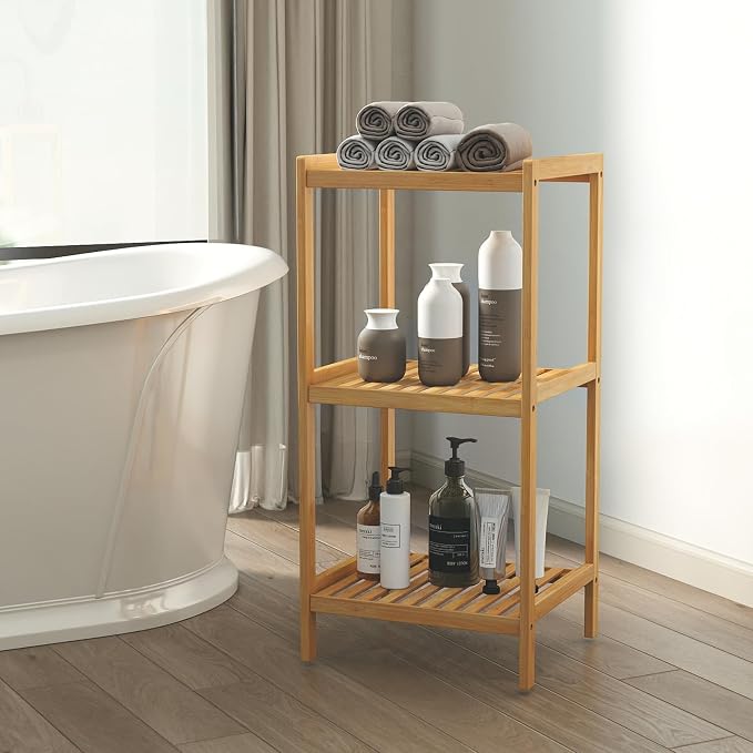 kinbor 3-Tier Bamboo Shelf Freestanding, Bathroom Standing, Natural Bamboo - Image 8