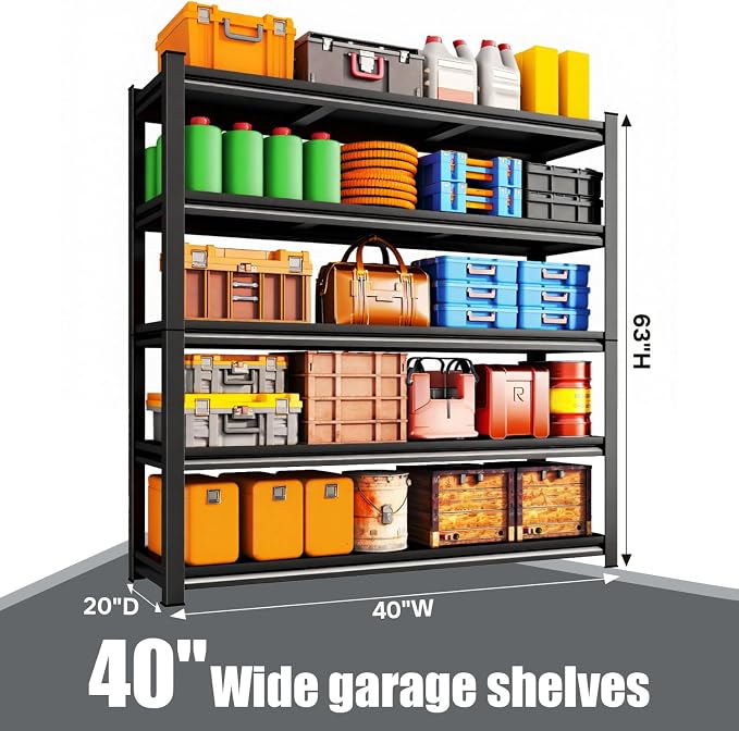 40" W Garage Shelving 5 Tier Heavy Duty Metal Storage Shelves Loads 2500 LBS - Image 2