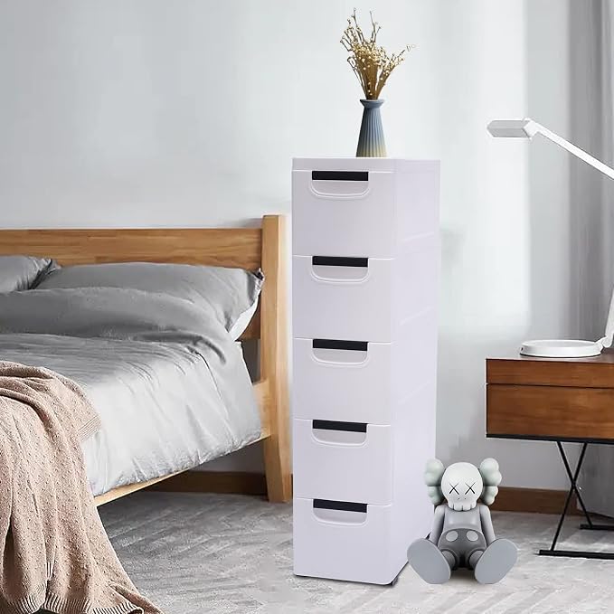 5 Tier White Plastic Storage Cabinet Stackable 5 Drawers Vertical Clothes - Image 4