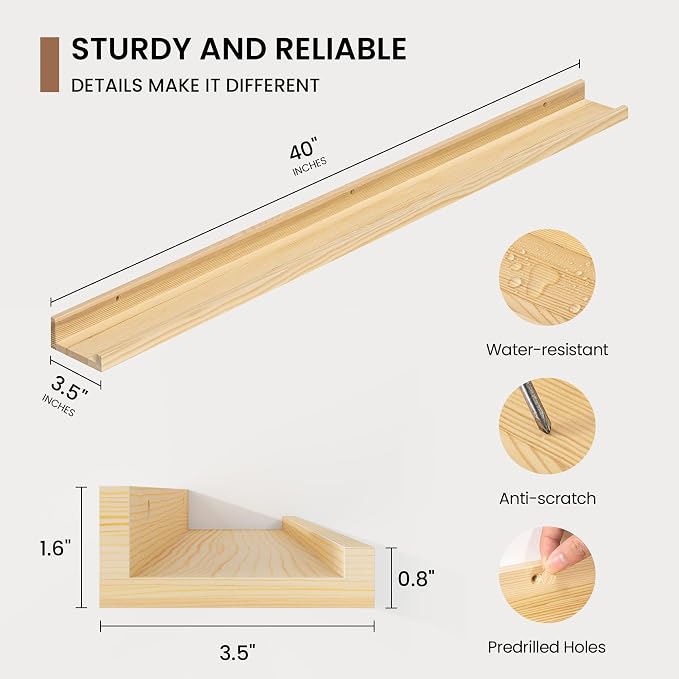 Picture Ledge Shelf, Floating Shelves Set of 2, 40 Inches Solid Wood Nursery - Image 3