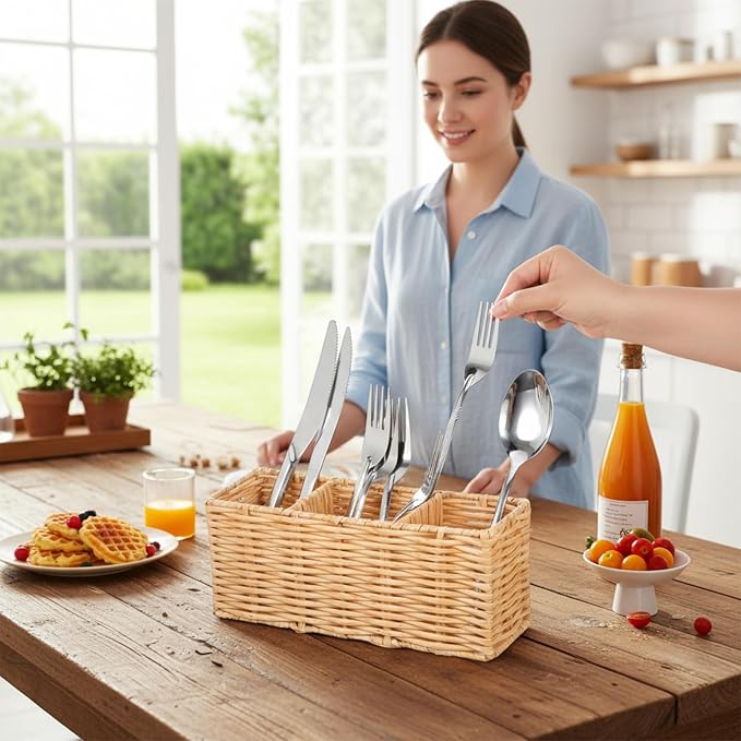 Wicker Flatware Silverware Caddy, Plastic Woven Kitchen Cutlery Organizer - Image 5