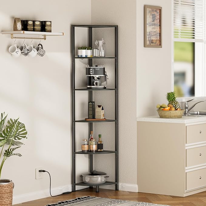6 Tier Corner Shelf with LED Light, 67.5" Black Narrow Bookshelf | Tall - Image 9