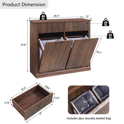 Modern Double Tilt-Out Trash Cabinet, 20 Gallon Fluted Laundry Hamper Cabinet - Image 2