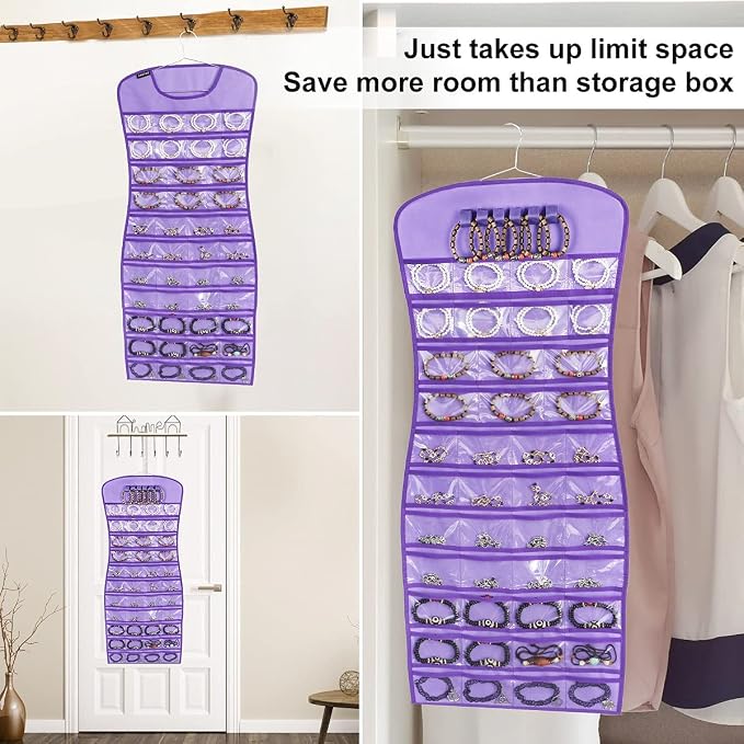 Hanging Jewelry Organizer Dual Sided 84 Clear Pockets and 6 Hook Loops Storage - Image 5