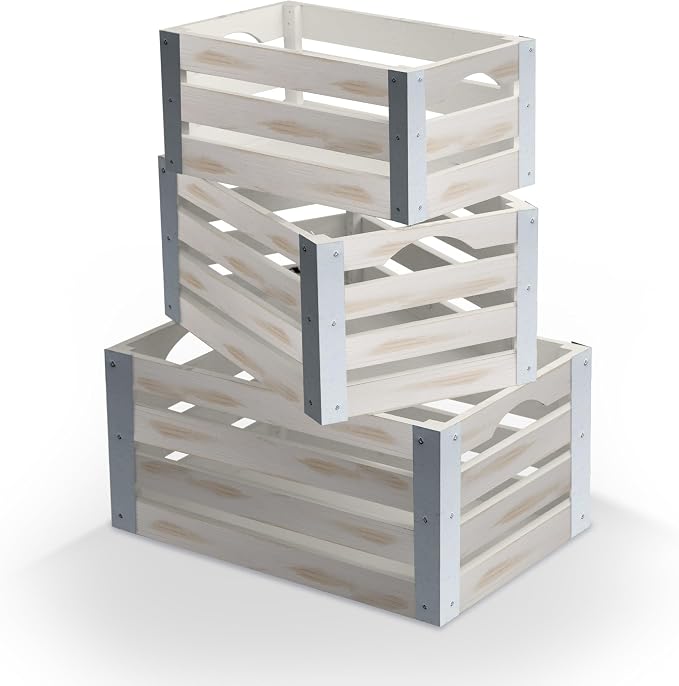wald imports - Set of 3 White Washed Wooden Crates by WaldImports