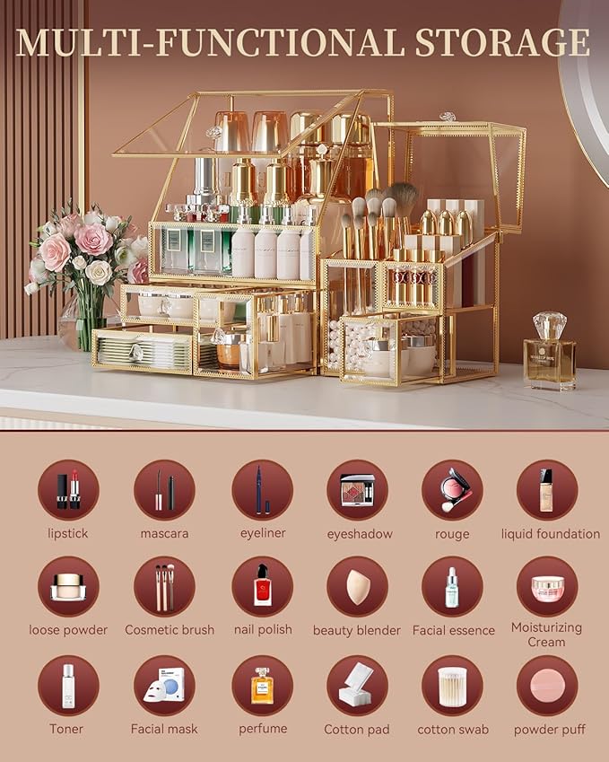 Clear Makeup Organizer with Gold Frame – Countertop Vanity Organizer - Image 3