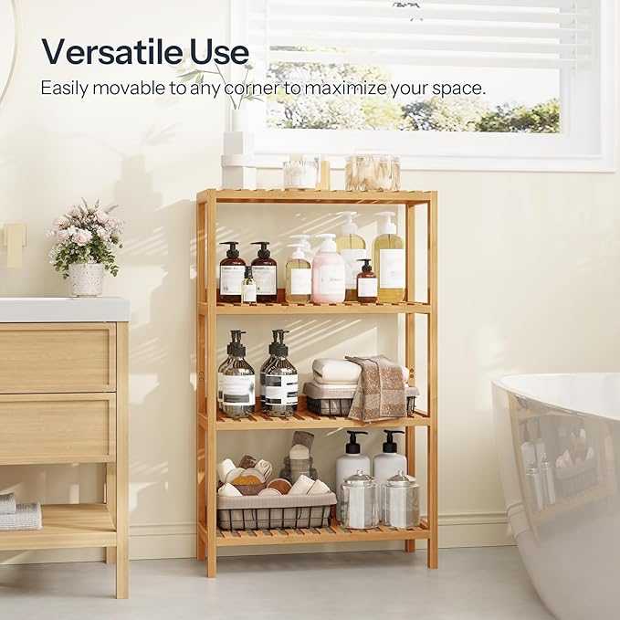 HOOBRO Bamboo Storage Shelf, 4-Tier Freestanding Shelving Unit, 23.6 x 10.2 x - Image 4