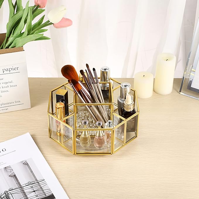 Hipiwe 360 Degree Rotating Glass Makeup Organizer- 5 Slots Gold Metal Cosmetic - Image 2