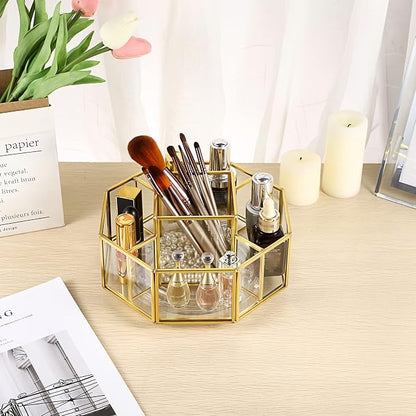 Hipiwe 360 Degree Rotating Glass Makeup Organizer- 5 Slots Gold Metal Cosmetic - Image 2
