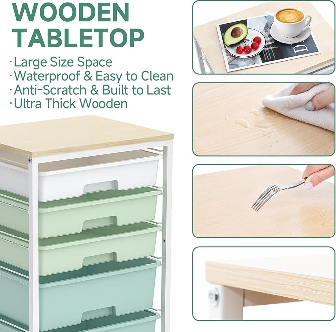 SYKIARIOL Rolling Cart with Drawers, 5 Drawers Storage Cart, Light Green | - Image 6