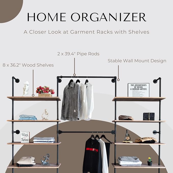 Industrial Pipe Clothing Rack, Wall Mounted Garment Hanging Rack - Image 3