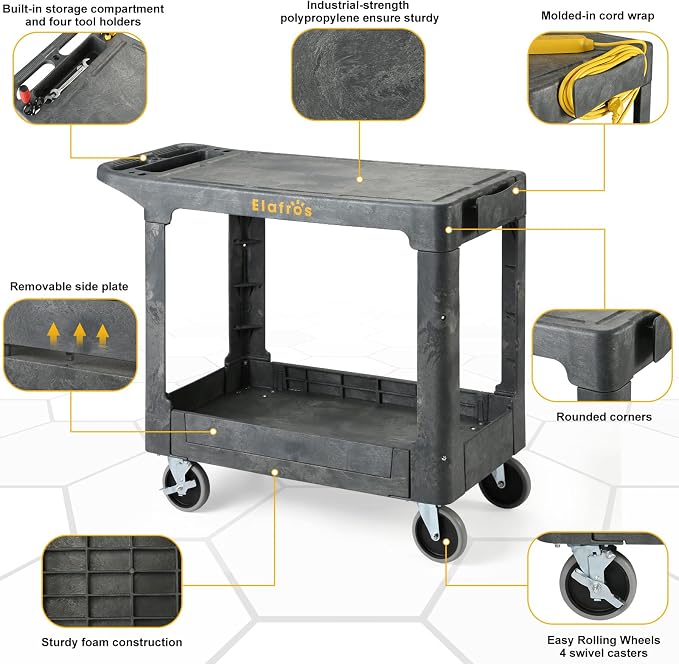 ELAFROS Heavy Duty Plastic Utility Cart Flat top 37 x 18.8 Inch - Image 3