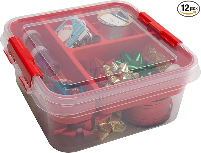 Simplify 5 Compartment Gift Supply Storage Box 2 Tier Box | Red Clear Top Lid | by Simplify