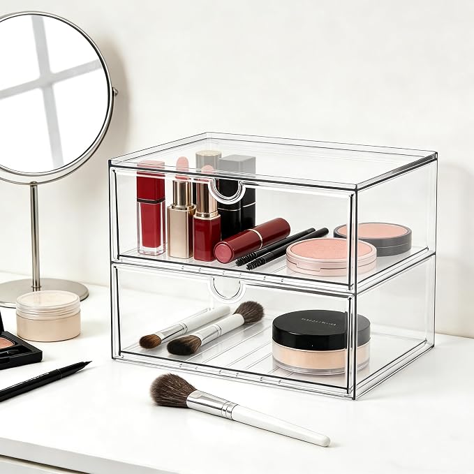 Prsildan Acrylic Makeup Organizer, 2 Pack Stackable Clear Storage Drawers - Image 2