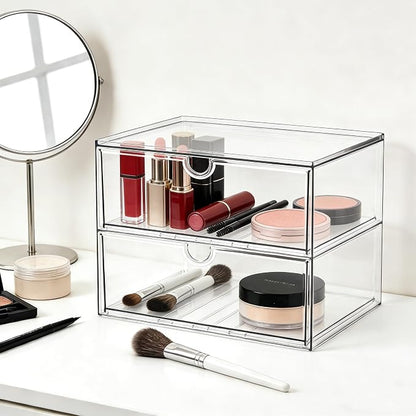 Prsildan Acrylic Makeup Organizer, 2 Pack Stackable Clear Storage Drawers - Image 2