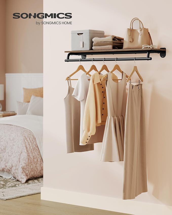 SONGMICS Clothes Rack with Top Shelf, Wall Mounted Clothing Rack, with Hanging - Image 2