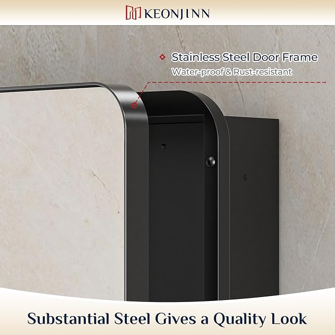 Keonjinn 16" x 24" Black Medicine Cabinet Mirror, Stainless Steel Framed | - Image 5