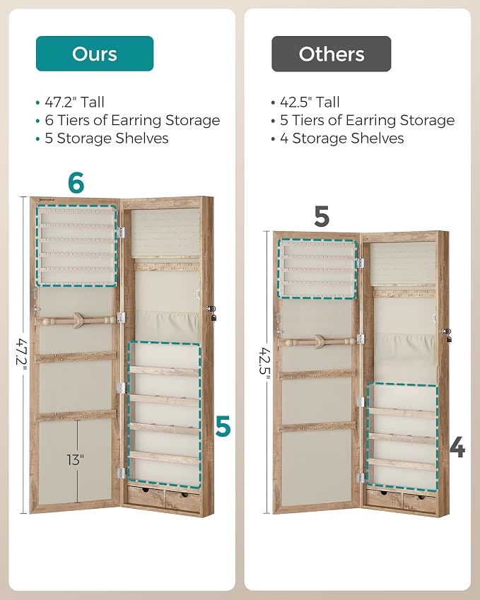 SONGMICS 6 LEDs Mirror Jewelry Cabinet, 47.2-Inch Tall Lockable Wall or Door - Image 8