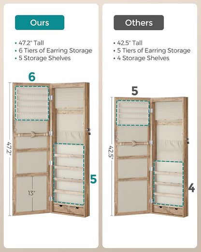 SONGMICS 6 LEDs Mirror Jewelry Cabinet, 47.2-Inch Tall Lockable Wall or Door - Image 8