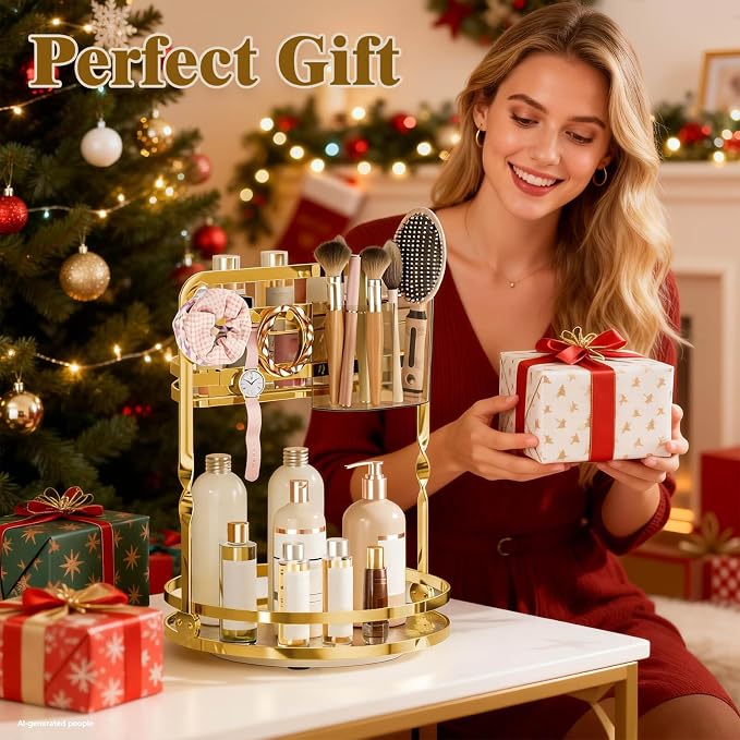360° Rotating Makeup Organizer for Vanity, 2-Tier Gold Bathroom Organizer - Image 7