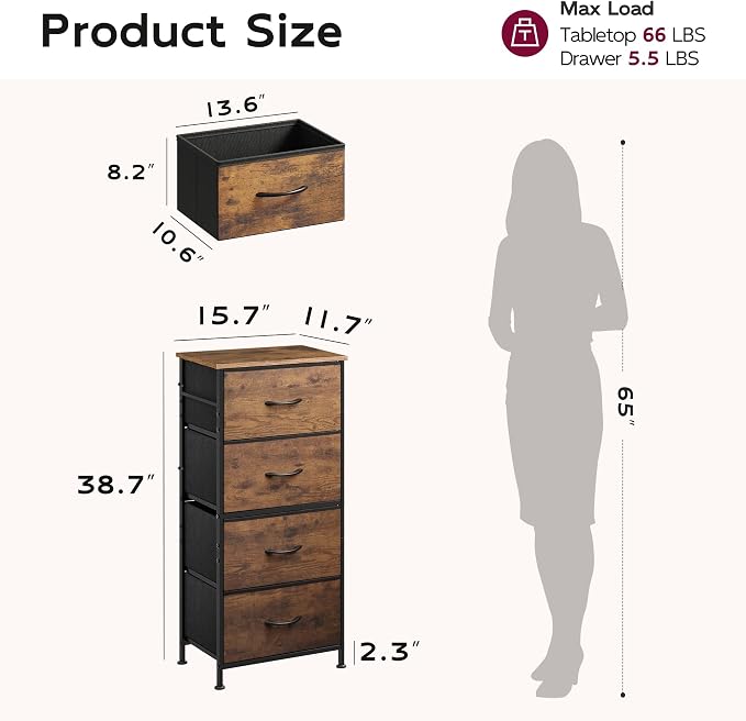 WLIVE Small Dresser Nightstand for Bedroom, 4 Drawers, Rustic Brown | 4 - Image 3