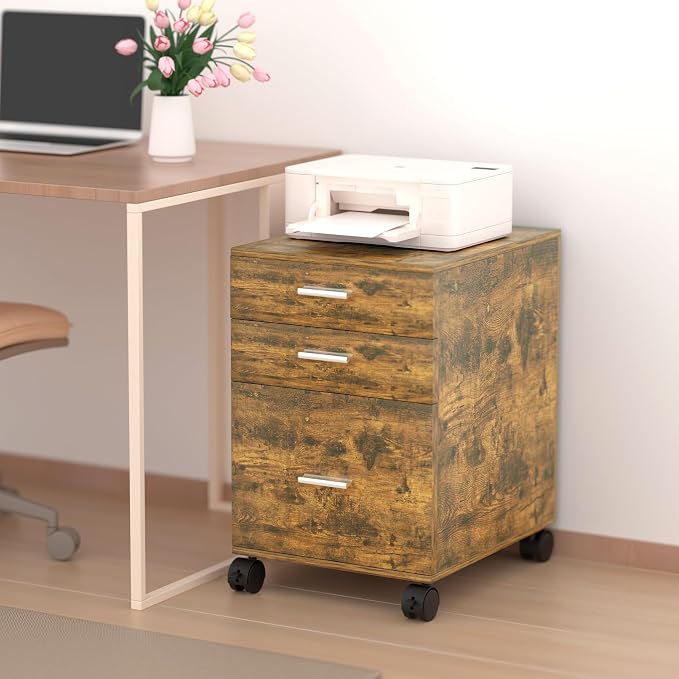 3-Drawer Mobile File Cabinet, Rustic Brown Finish - Image 2