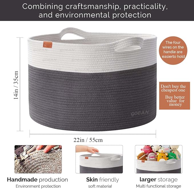 Extra Large Laundry Basket toy storage 22"X22"X14" blanket basket Cotton Rope - Image 3